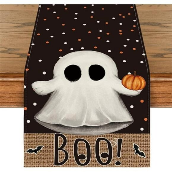 Halloween Table Runner 13x72 Black Boo Ghost Pumpkin Dots Fall Party Table Decor - Picture 7 of 7